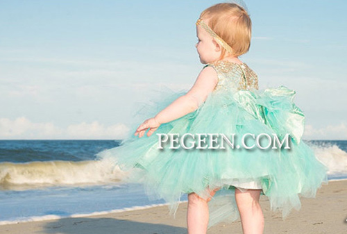 Gold and Tiffany Blue Silk Flower Girl Dress with Handkerchief Tulle