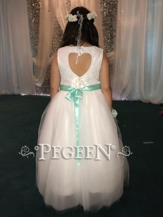 Aloncon lace and tulle flower girl dress with optional back heart