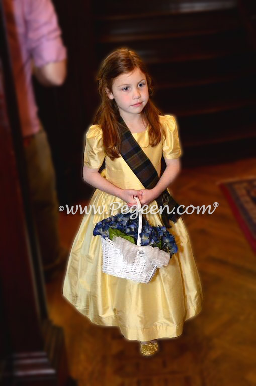 Dandelion Yellow and Irish Clan Plaid flower girl dress