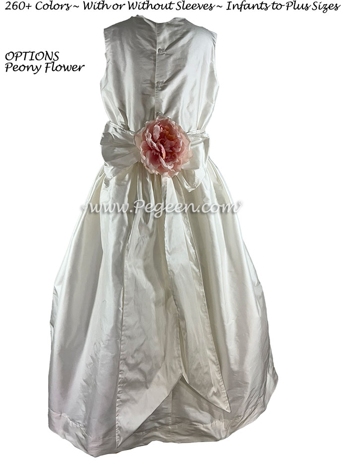 Antique White Silk flower girl dress with back flower