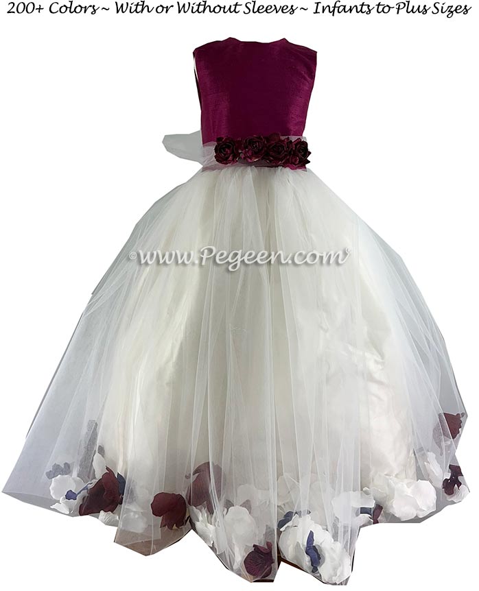 Cranberry flower girl dresses with petals in the skirt