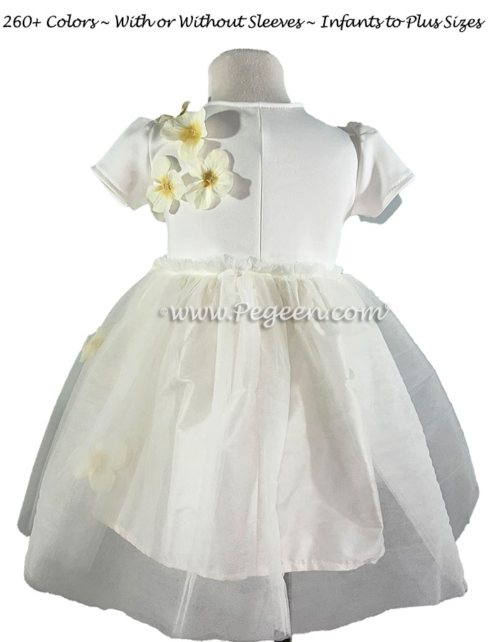 Flower Girl Dress in white with black hydrangea petals