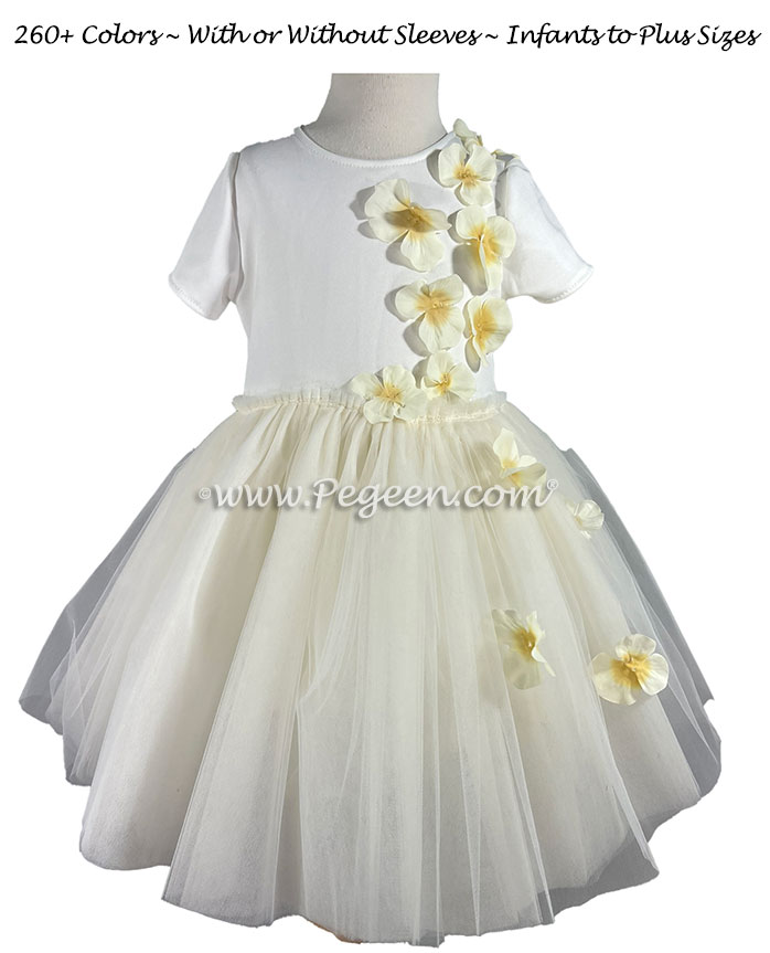 Flower Girl Dress in ivory and ivory hydrangea petals