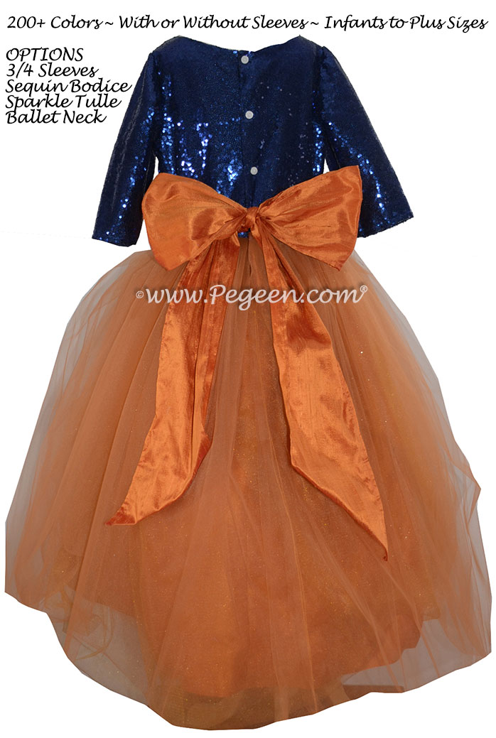 Pumpkin and Navy sequin tulle flower girl dress