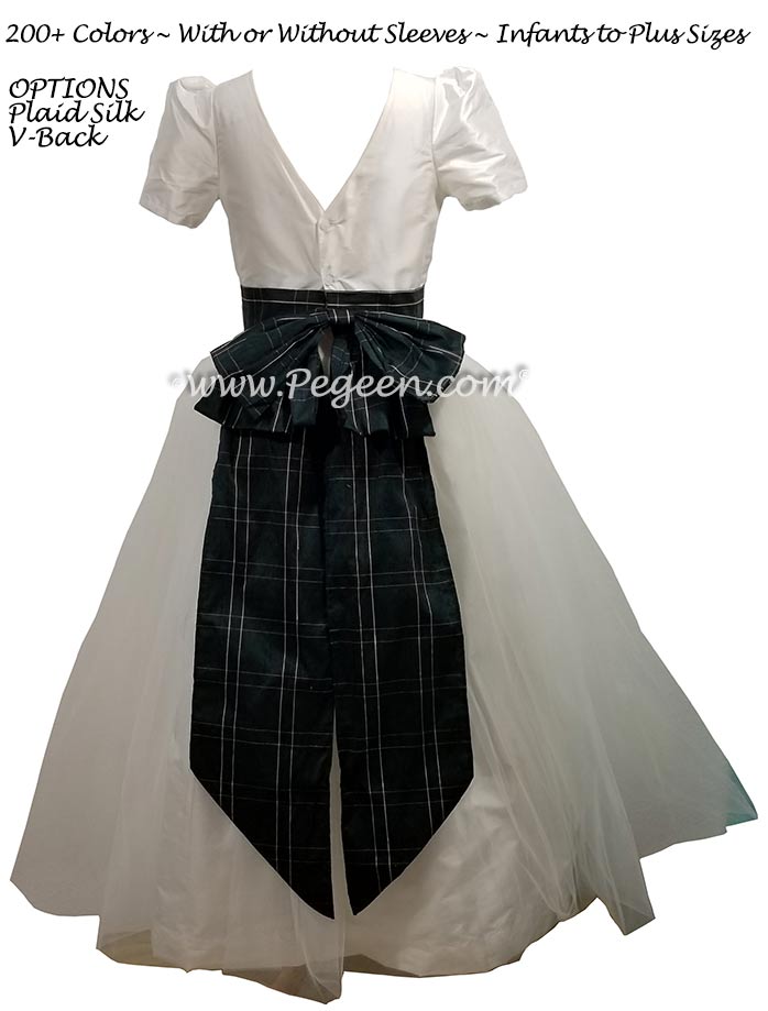 Silk flower girl dress with plaid silk sash