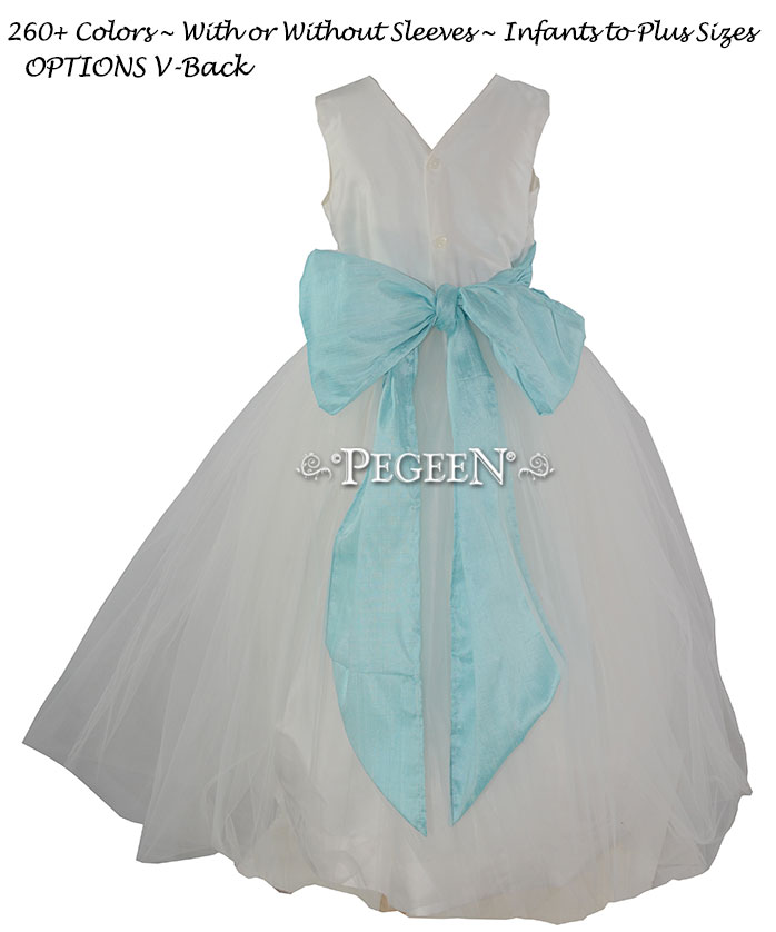 356 Flower Girl Dress in White and Pond Blue Silk