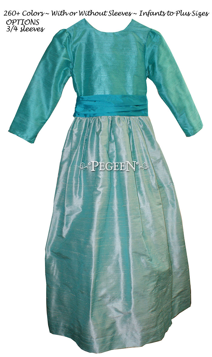 3/4 Sleeved Bermuda Blue and Teal Silk flower girl dresses - Style 398 | Pegeen