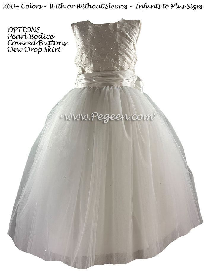 White Silk First Communion Dress with pearls, covered buttons