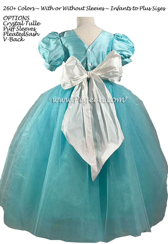 Flower Girl Dress with Puff Sleeves in Polar Ice (Aqua)