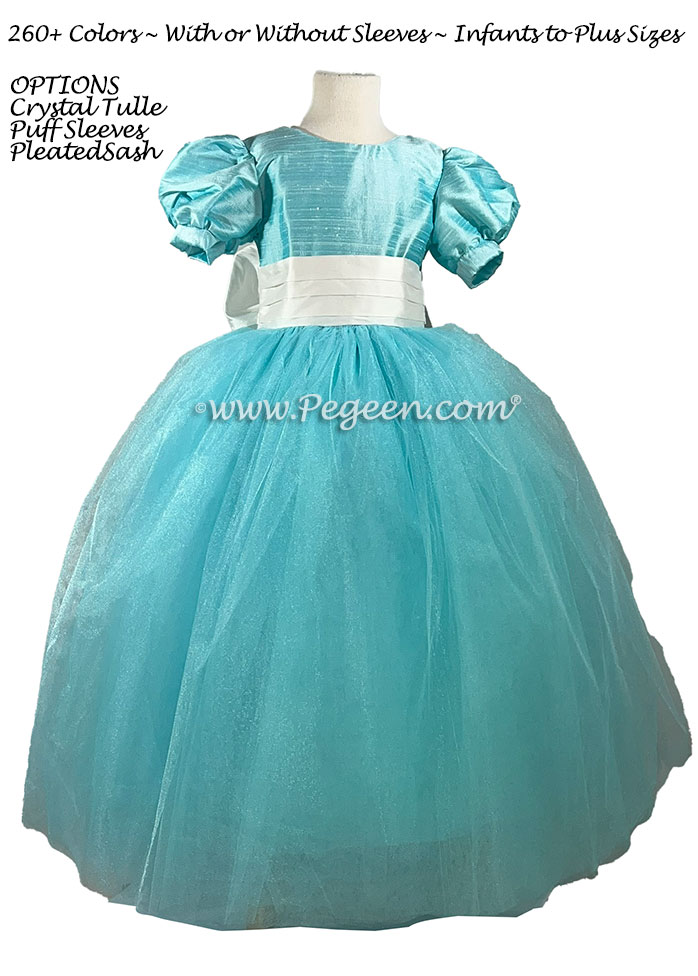 Flower Girl Dress with Puff Sleeves in Polar Ice (Aqua