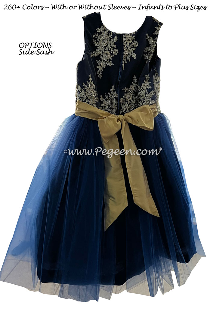 Gold and Blue Indigo Silk Tulle Plus Size Flower Girl Dress