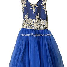 Gold and Blue Indigo Silk Tulle Flower Girl Dress