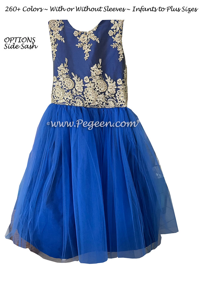 Gold and Blue Indigo Silk Tulle Plus Size Flower Girl Dress