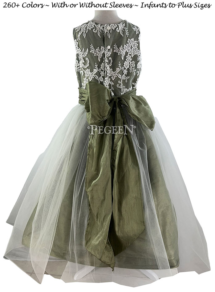 Sage Green Silk, Aloncon Lace and Ivory Tulle Flower GIirl Dress