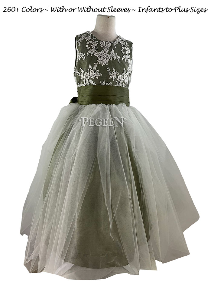 Sage Green Silk, Aloncon Lace and Ivory Tulle Flower GIirl Dress