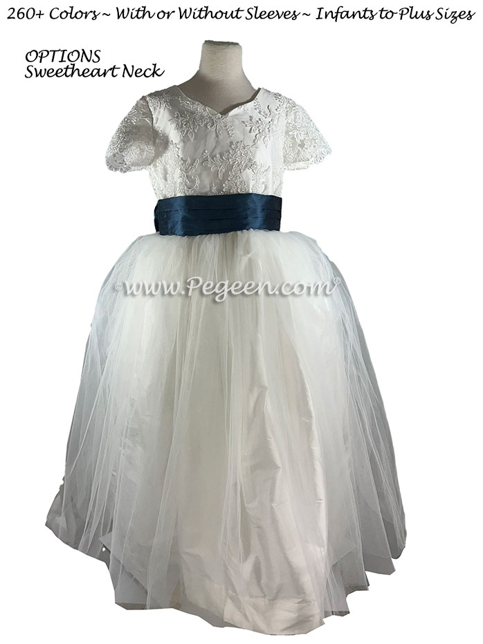 Dusk Blue and White aloncon tulle flower girl dress