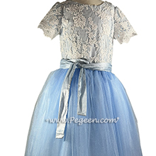 Wind blue and ivory aloncon tulle flower girl dress