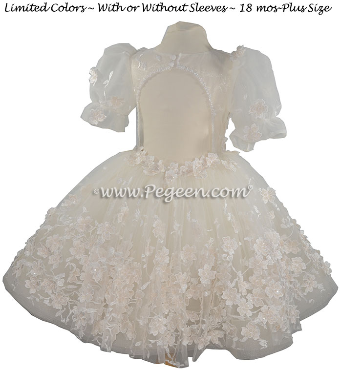 Champagne tulle and beading trimmed flower girl dress with 3D flowers on netting