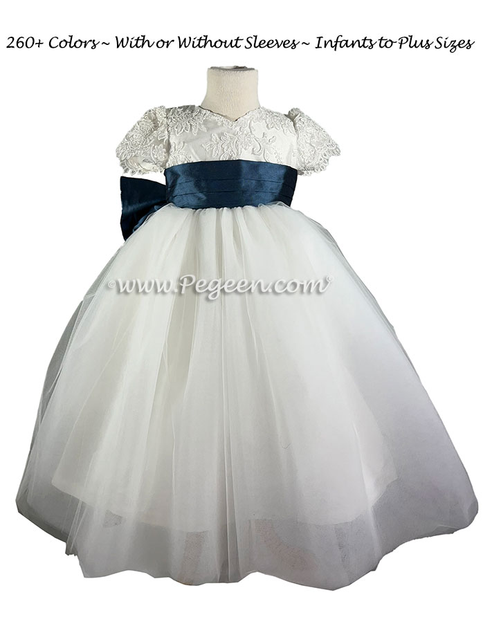 Dusk Blue and White aloncon tulle flower girl dress