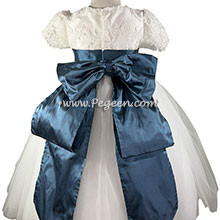Blue and White Silk, Aloncon Lace and Tulle Flower Girl Dress