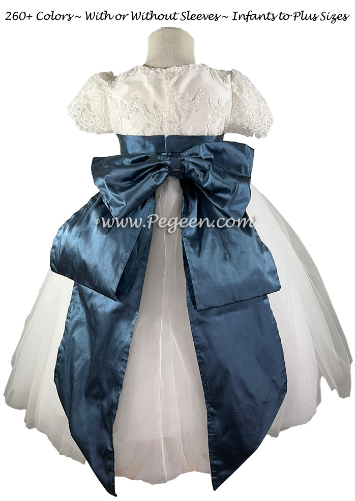 Dusk Blue and White aloncon tulle flower girl dress