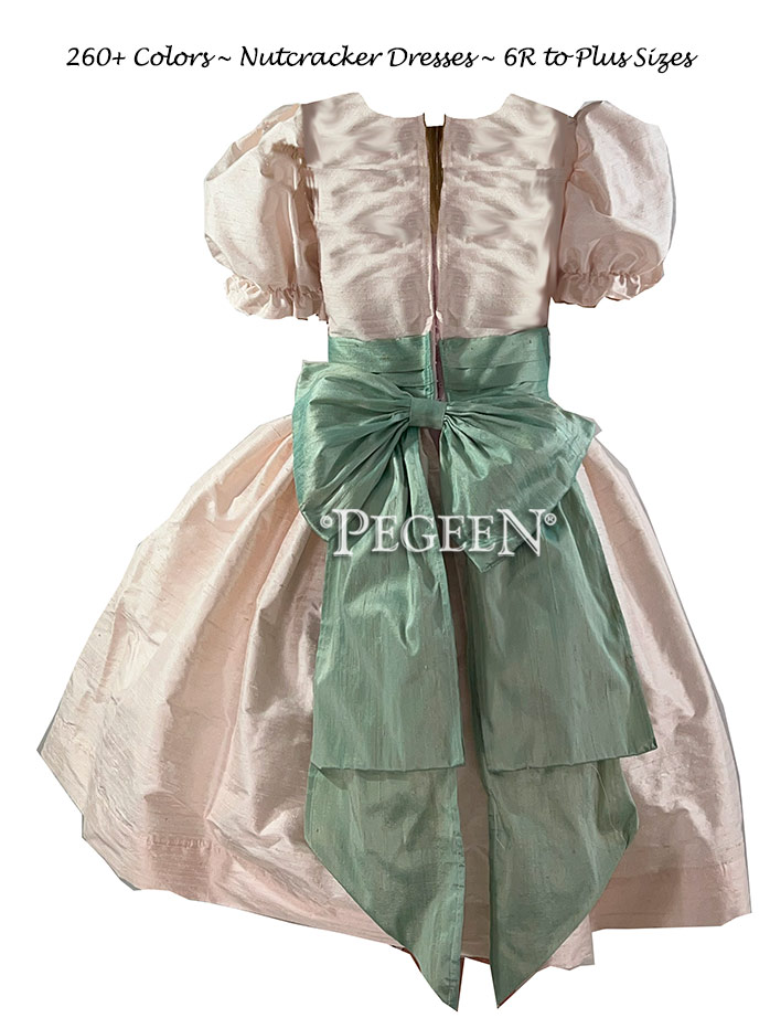 Champagne Pink and Seaside Green silk Nutcracker Dress for Clara