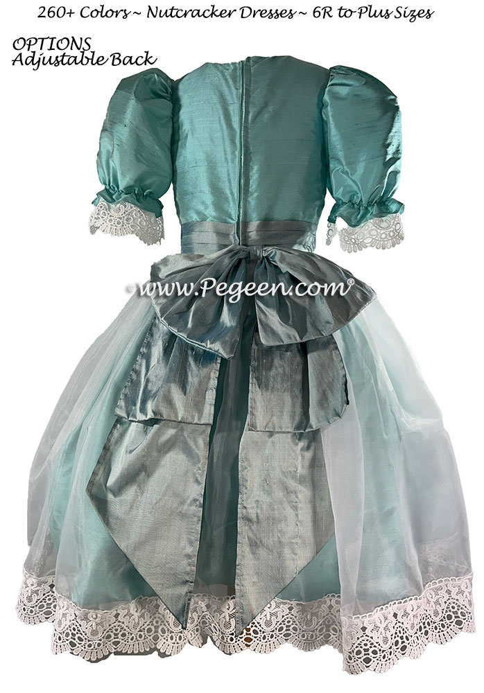 Style 703 Nutcracker Dress in Pacific Blue with Caribbean Teal Silk Sash