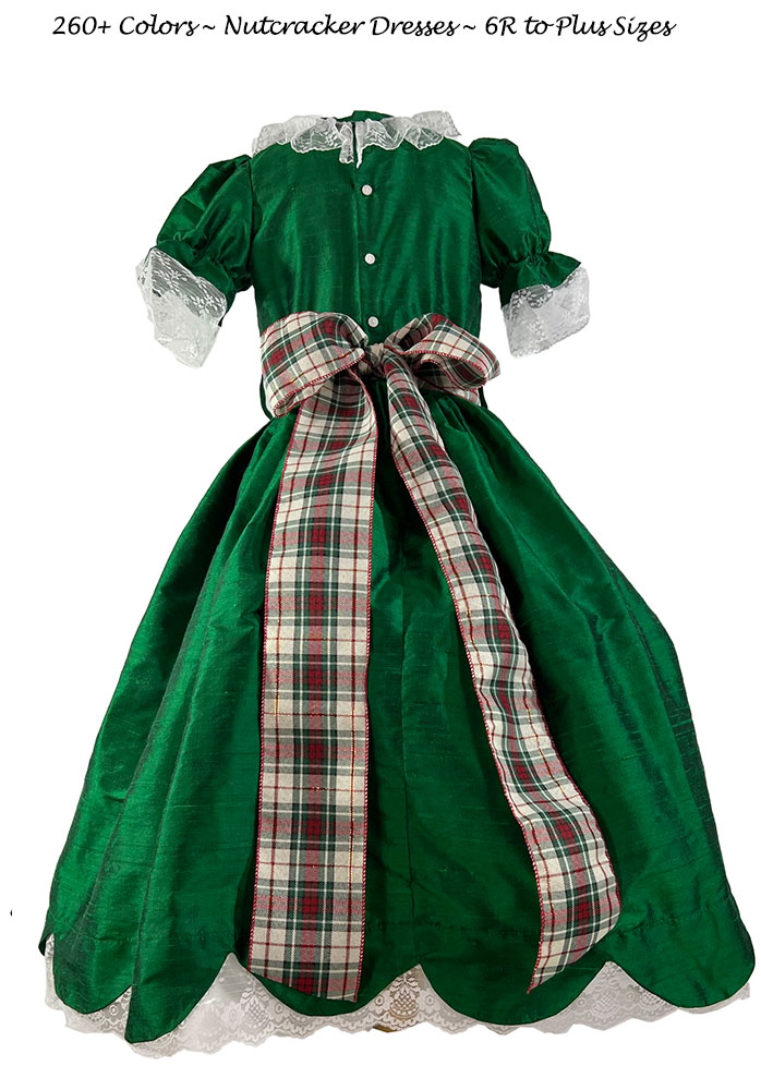 Nutcracker Party Scene Dress Style 724 in Emerald Green with Plaid Sash