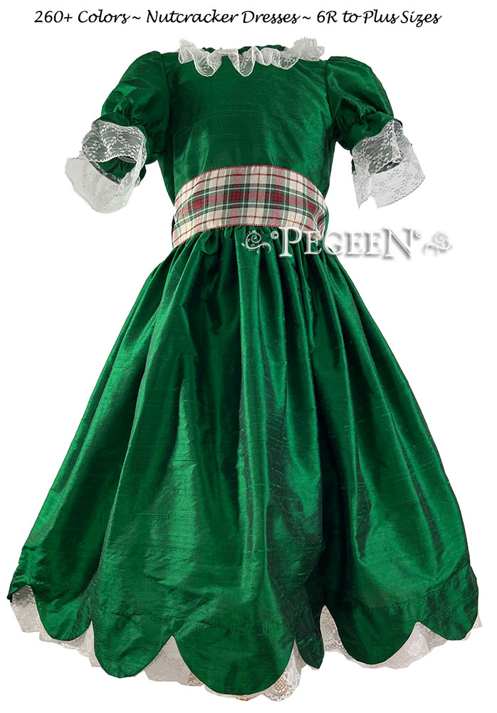 Nutcracker Party Scene Dress Style 724 in Emerald Green with Plaid Sash