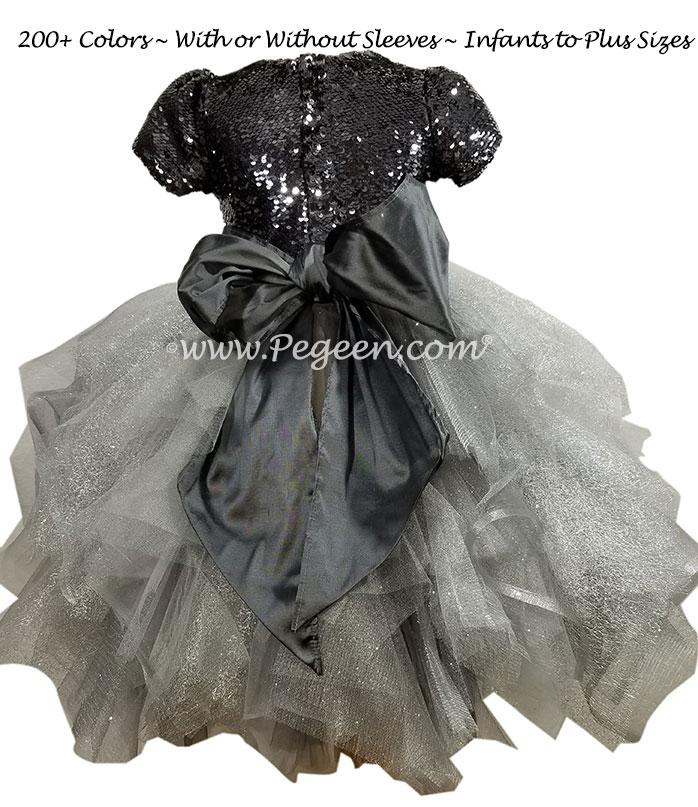 Custom Gunmetal Gray Fluffy Tulle Skirt with Sequined Top Flower Girl Dress