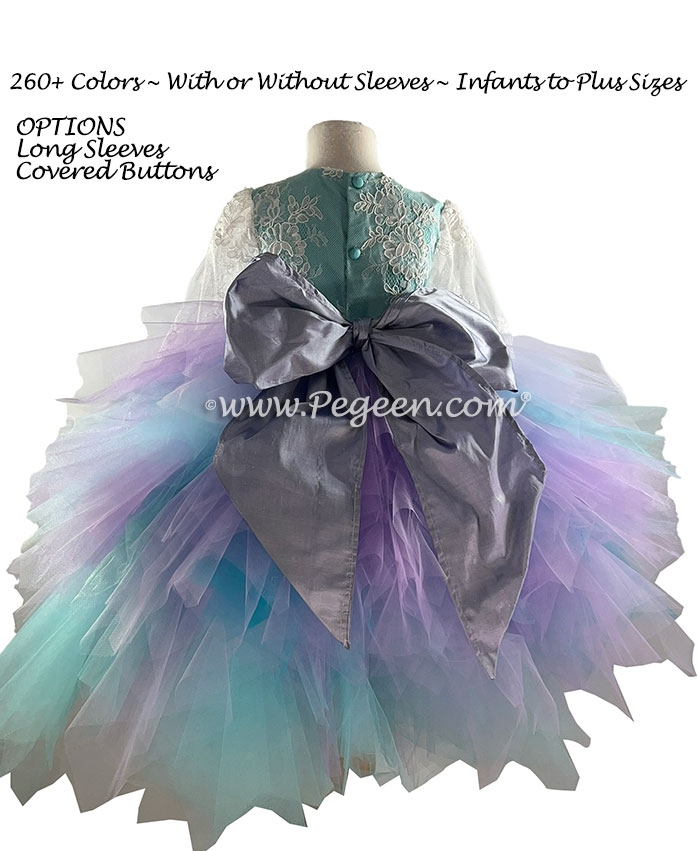 Custom Aqua and Lavender Fluffy Tulle Skirt with Aloncon Lace in New Ivory Silk Flower Girl Dresses
