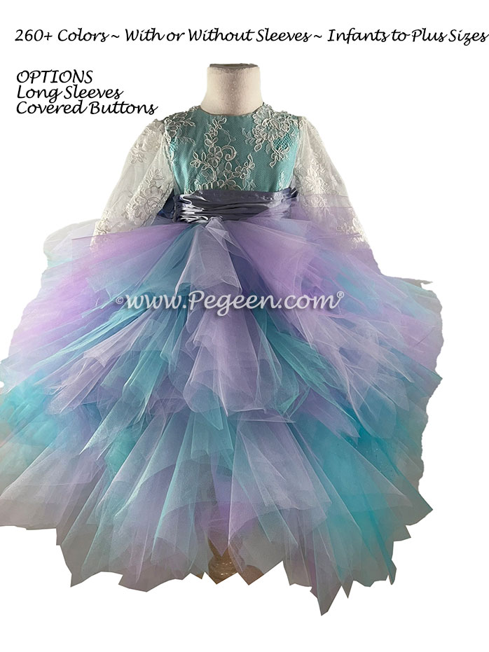 Custom Aqua and Lavender Fluffy Tulle Skirt with Aloncon Lace in New Ivory Silk Flower Girl Dresses