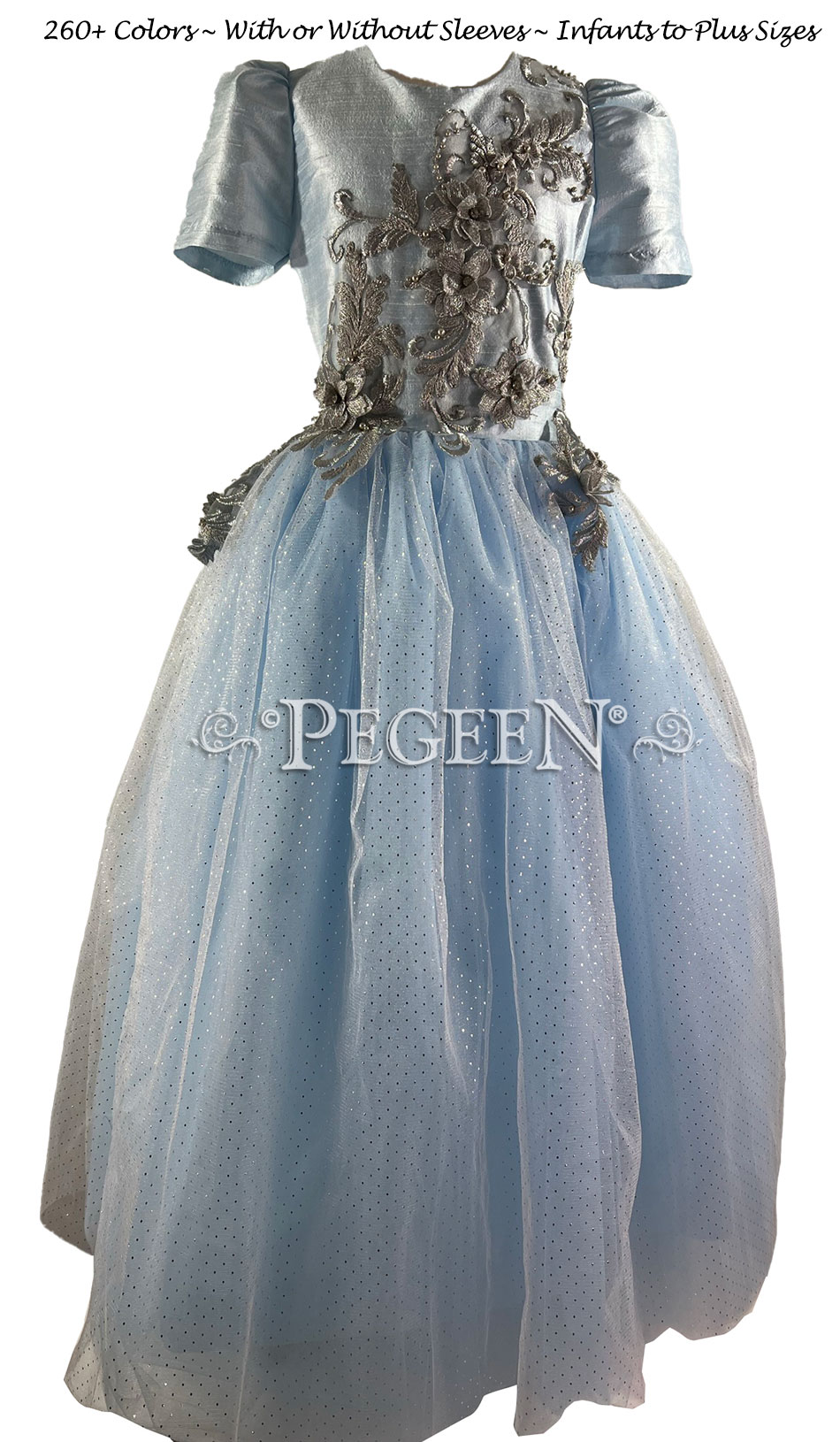 Embroidered Blue Ice, Platinum and Blue Silk and Tulle flower girl dresses