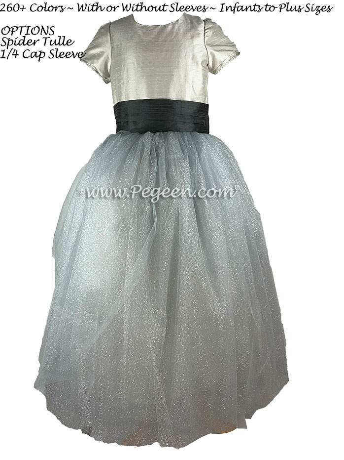 Silver, gray and charcoal silk and tulle flower girl dress with Cinderella Bow