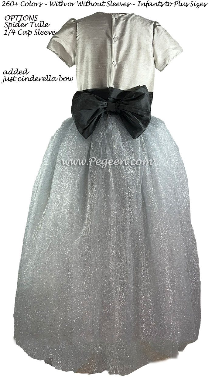 Silver, gray and charcoal silk and tulle flower girl dress with Cinderella Bow