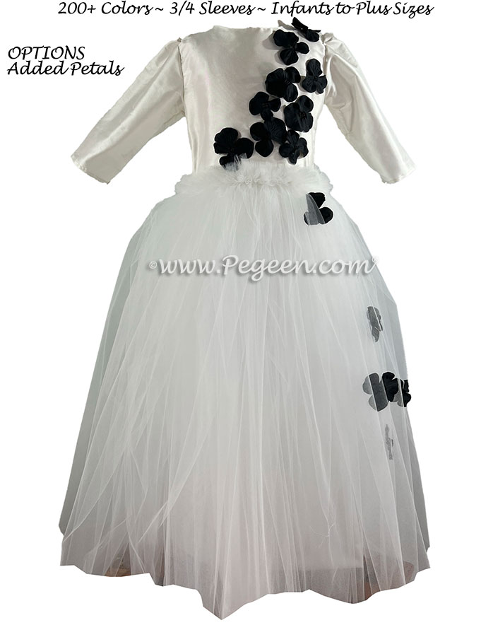 Flower Girl Dress in white with black hydrangea petals