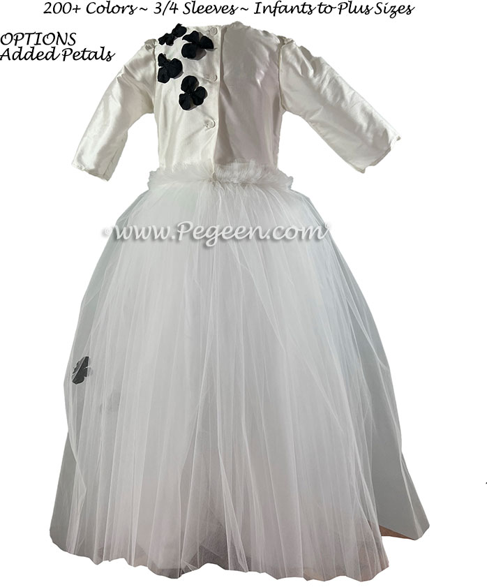 Flower Girl Dress in white with black hydrangea petals