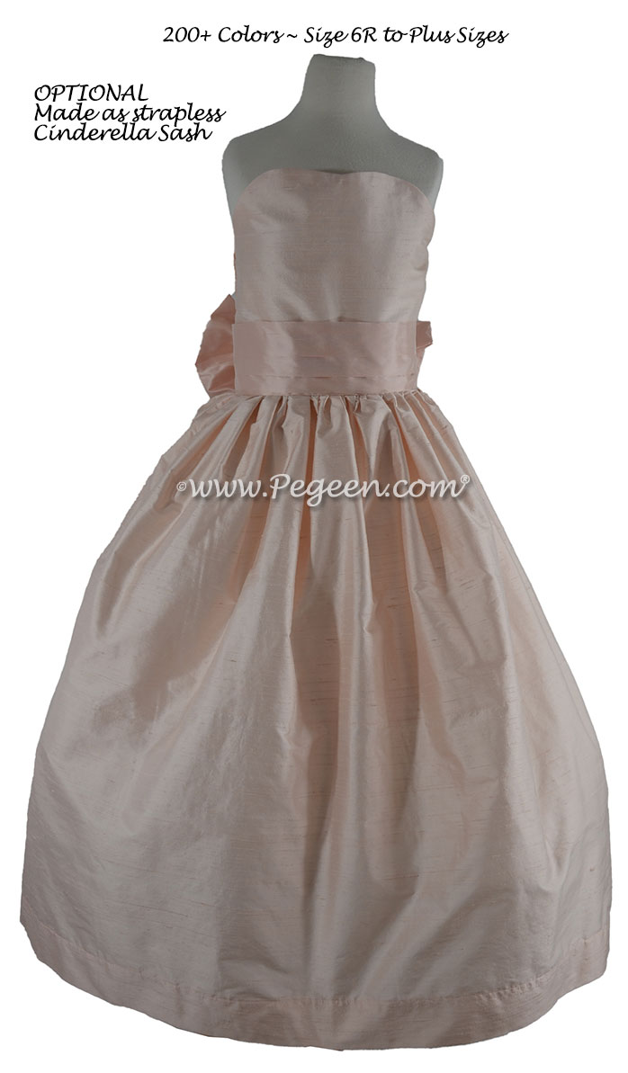 Blush and petal pink strapless jr bridesmaids dress