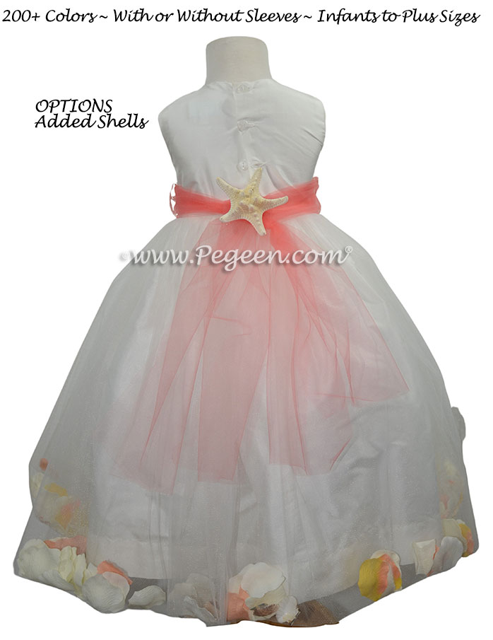 Beach Flower Girl Dress with coral accents and shells