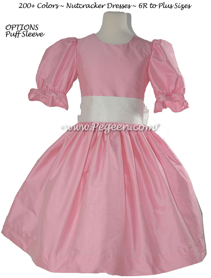 Flower Girl Dress in Bubblegum Pink & White with puff sleeves