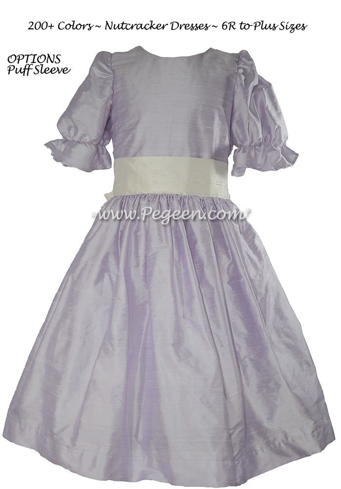 Flower Girl Dress in Lilac & White with puff sleeves