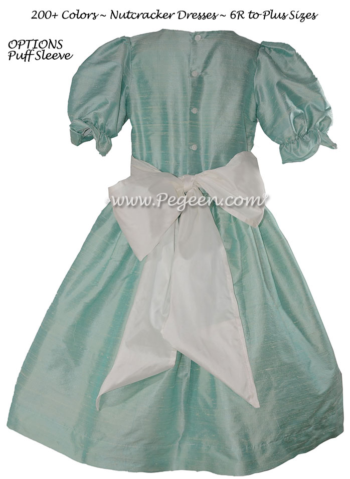 Flower Girl Dress in Seafoam & White with puff sleeves