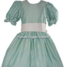 Flower Girl Dress in Seafoam Mint and White with puff sleeves