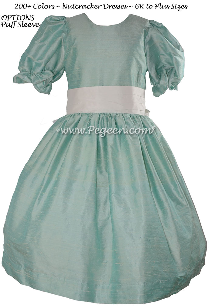 Flower Girl Dress in Seafoam & White with puff sleeves