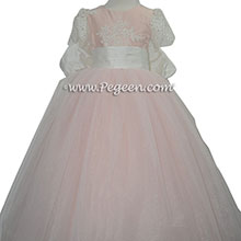 Flower Girl Dress with pink aloncon lace and Signature Bustle