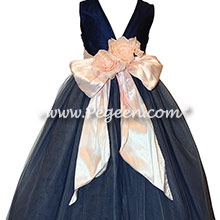 Navy and Pink Silk Flower Girl Dress with Flowers