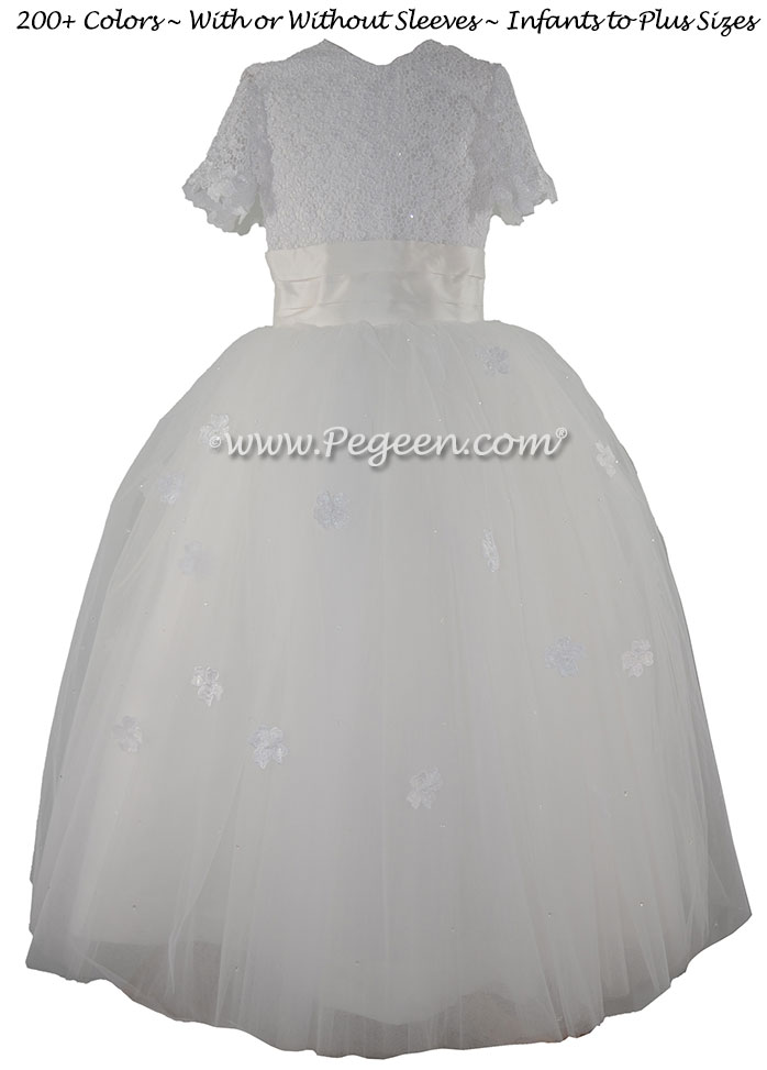 Flower Girl Dress Style 414 - Burnout Lace, Tulle and Antique White Silk