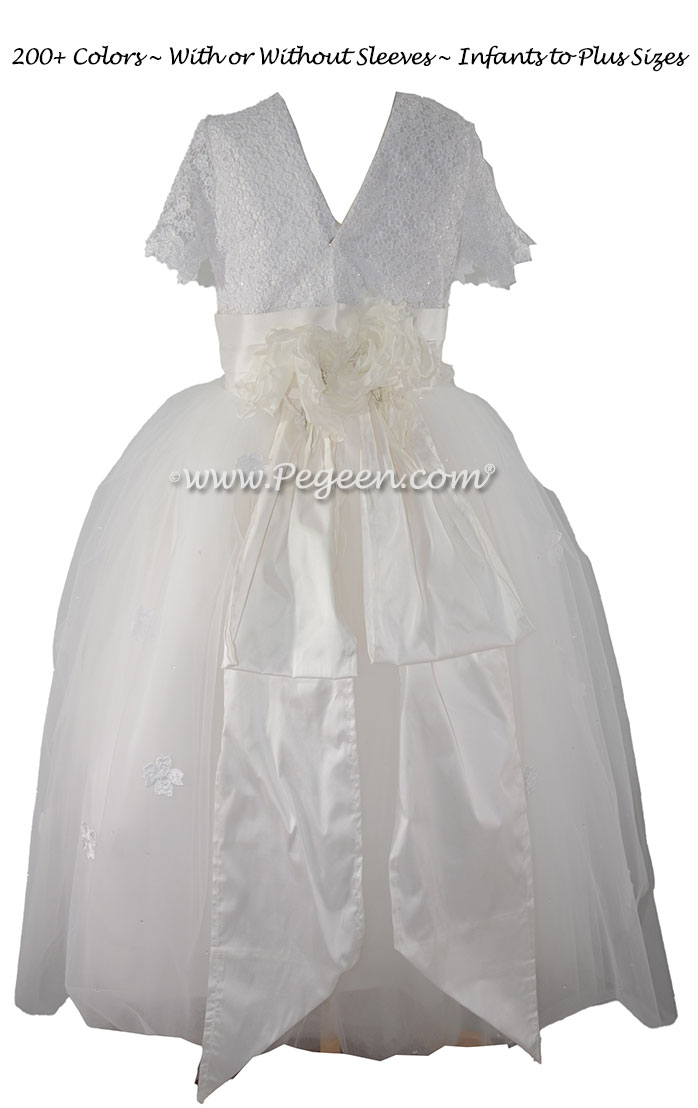 Flower Girl Dress Style 414 - Burnout Lace, Tulle and Antique White Silk