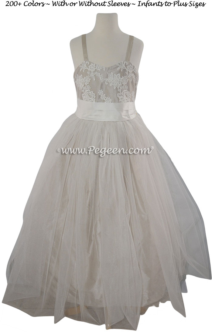 Toffee silk and aloncon lace flower girl dresses