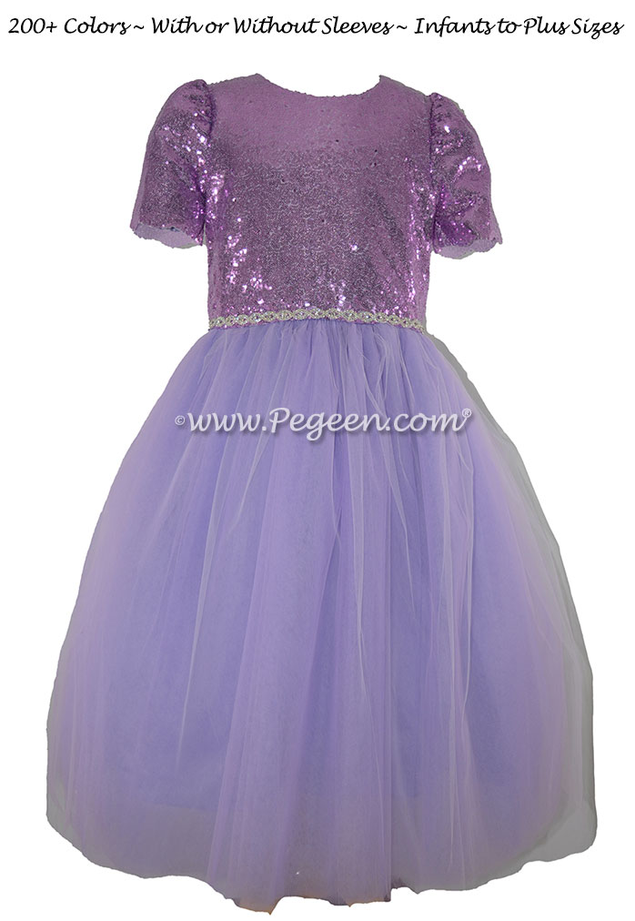 Bat Mitzvah dress in amethyst sequins and purple tulle shades